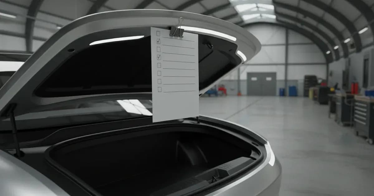A single index card checklist clipped to an EV's frunk lid, mechanic's bay empty in the background — SolarNevs spec card