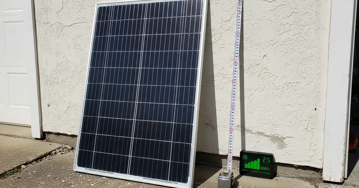 A single 400W panel leaning against a garage wall with a tape measure and a day's-output kWh meter graphic — SolarNevs spec card