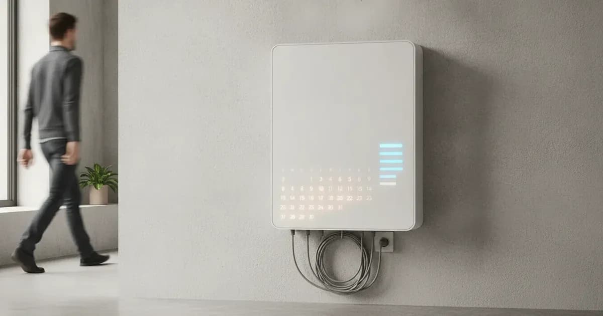 A wall-mounted home battery with a subtle ten-year calendar motif and capacity bars fading gently — SolarNevs spec card