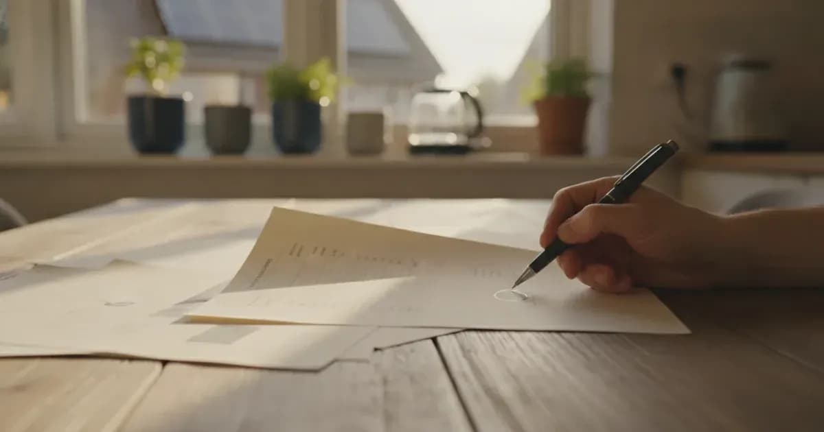 A multi-page solar proposal fanned across a table, one page turned to a specification list, a pen circling a line item — SolarNevs spec card