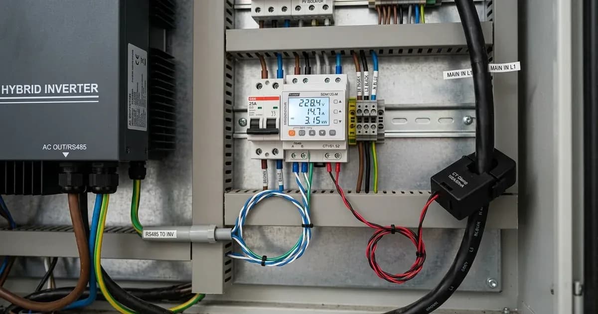 A digital smart meter with wired communication links and a CT clamp on the main power lead in an electrical cabinet. — SolarNevs spec card