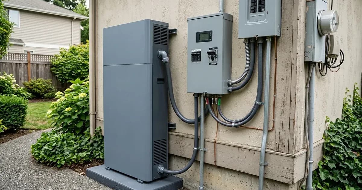 Home battery storage system installed beside an outdoor electrical panel with flexible conduit connections. — SolarNevs spec card