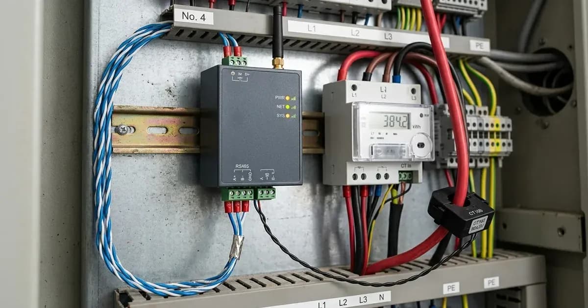Gateway module and digital smart meter mounted on DIN rail with RS485 communication wire and CT clamp. — SolarNevs spec card
