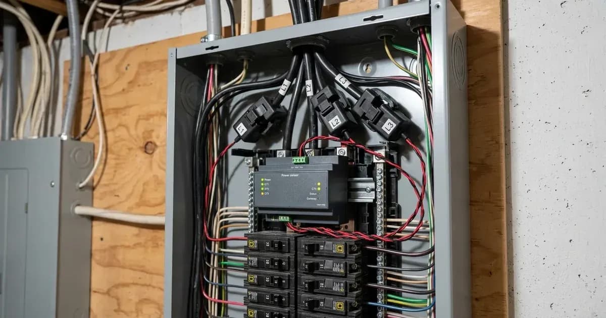 Power sensor meter installed in an electrical panel with CT clamps attached around incoming service lines. — SolarNevs spec card