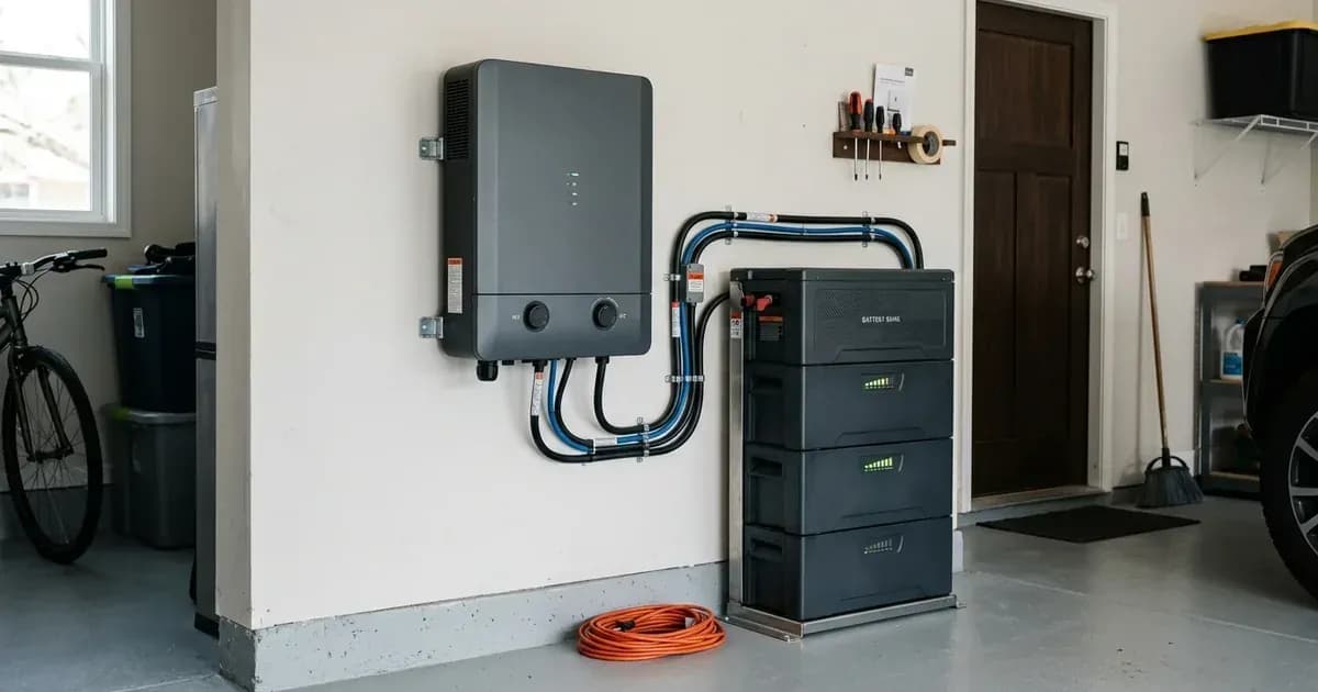Residential battery inverter mounted on a garage wall wired to a modular lithium storage stack. — SolarNevs spec card