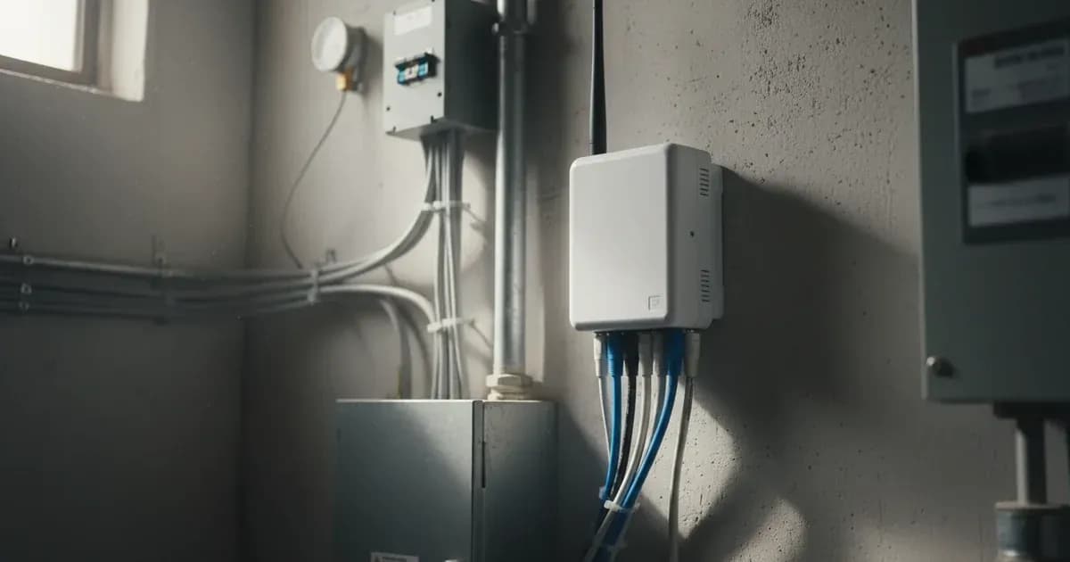 A close-up of a Tigo Cloud Connect Advanced (CCA) unit mounted on a wall, with RS485 cabling connected — SolarNevs spec card