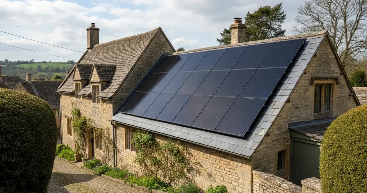 Solar panels discreetly installed on the rear roof slope of a historic stone building in a UK conservation area, showing minimal visual impact — SolarNevs spec card