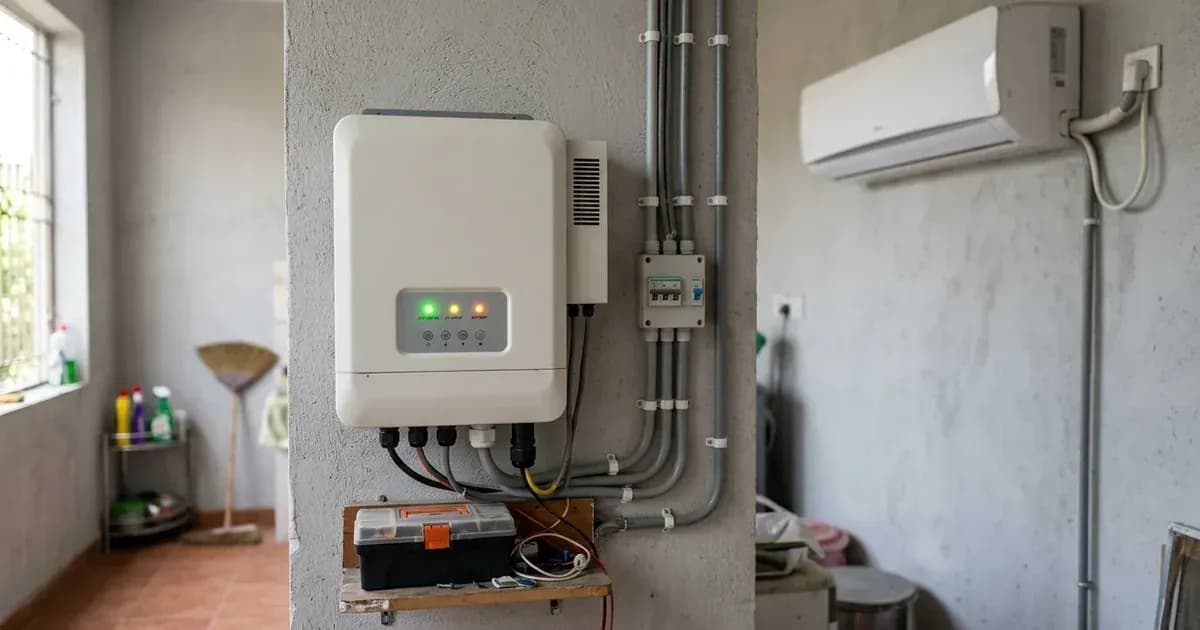 A wall-mounted solar inverter with status indicator lights and a split air conditioner in the background. — SolarNevs spec card