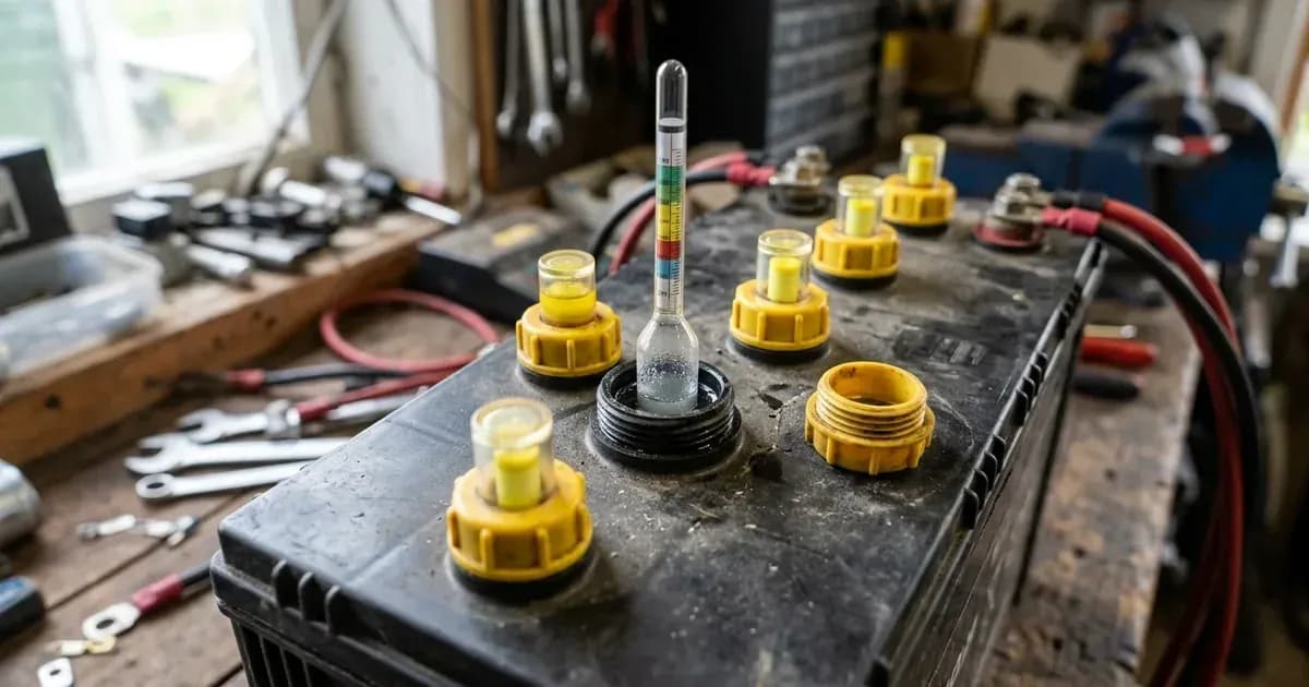 A hydrometer measuring electrolyte inside an open tubular battery cell on a workshop bench. — SolarNevs spec card