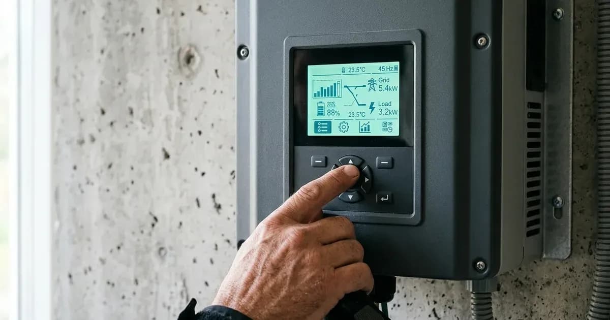 A technician pressing buttons on a solar inverter control panel to adjust system settings. — SolarNevs spec card