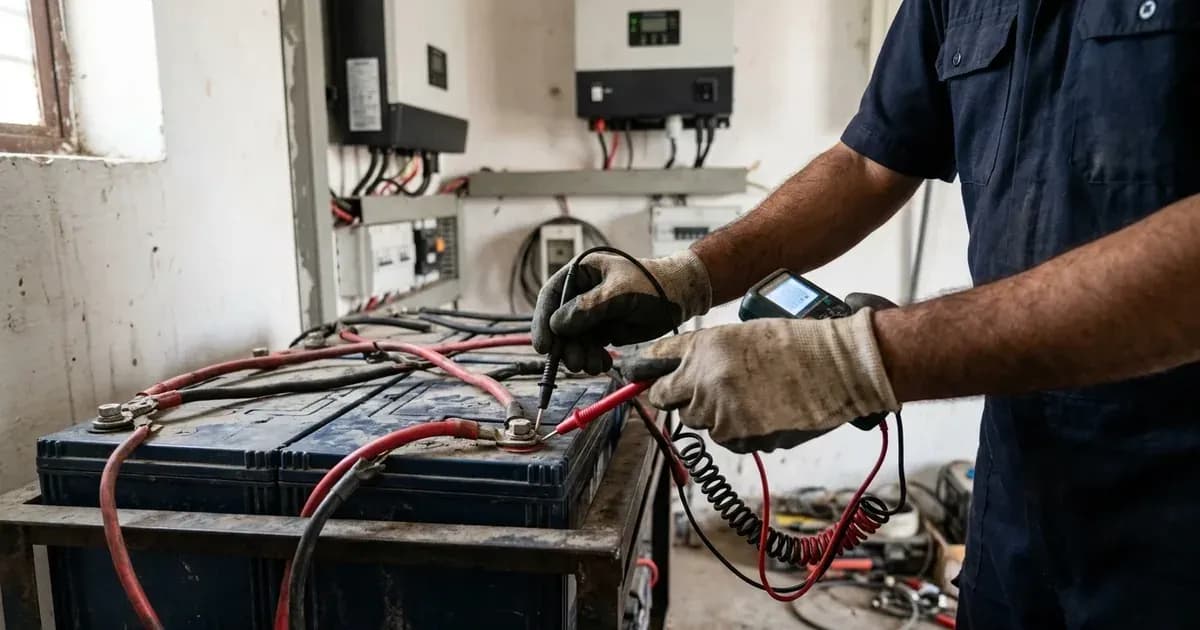 A technician testing terminal voltage on a solar battery bank with a digital multimeter. — SolarNevs spec card