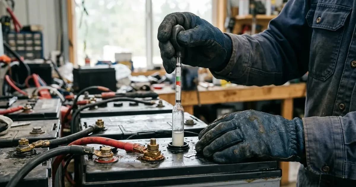 A technician using a hydrometer to test electrolyte specific gravity in a lead-acid battery cell. — SolarNevs spec card