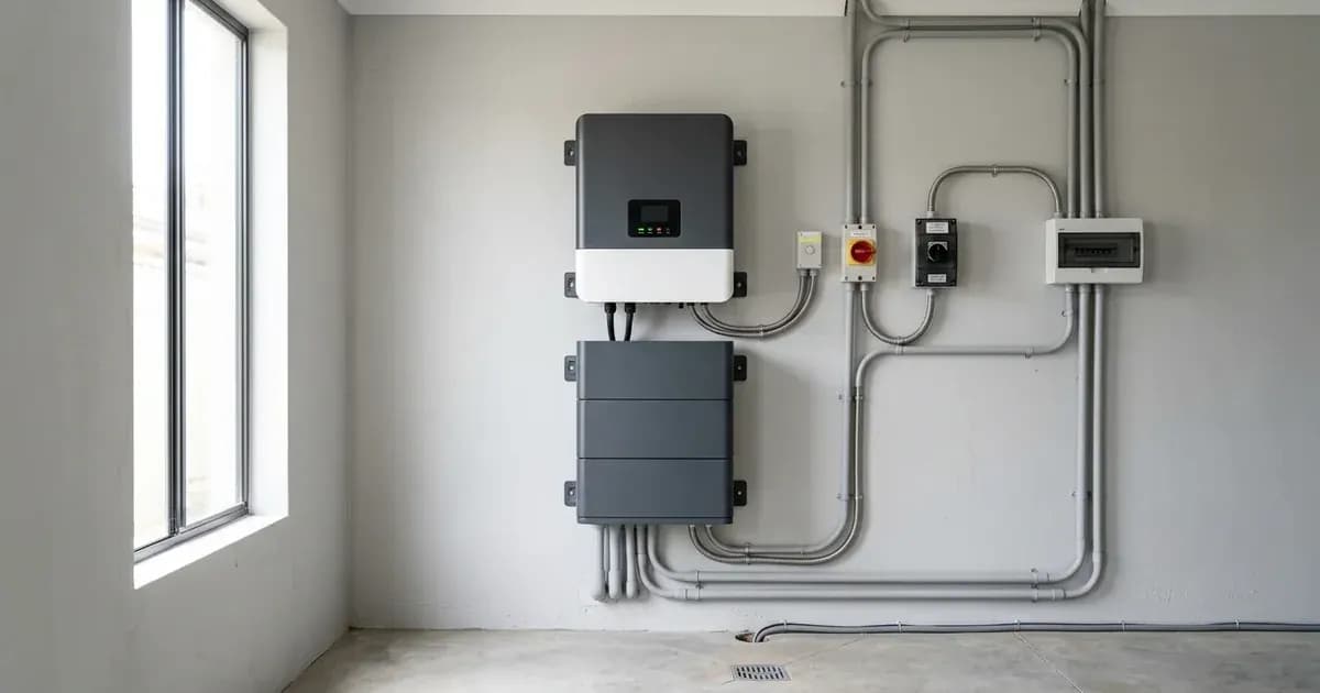 A wall-mounted hybrid inverter and modular battery storage system installed with conduit wiring. — SolarNevs spec card