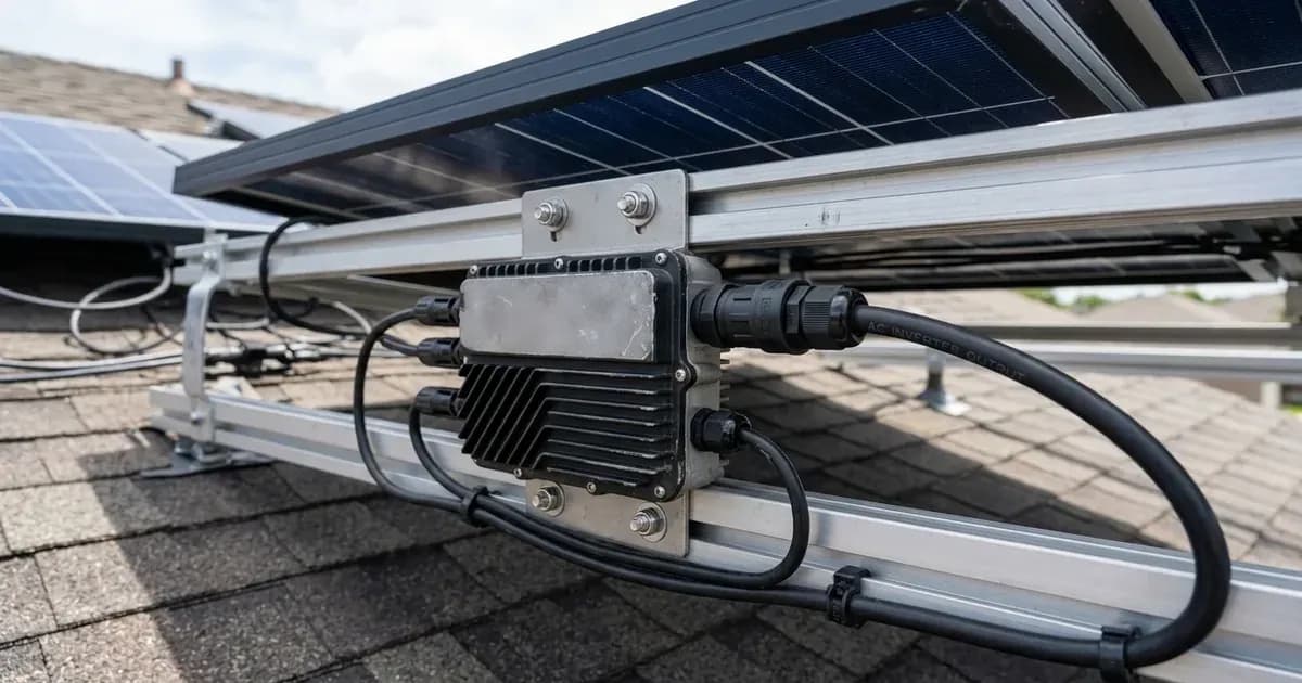 A solar microinverter mounted to aluminum rooftop racking beneath photovoltaic panels. — SolarNevs spec card