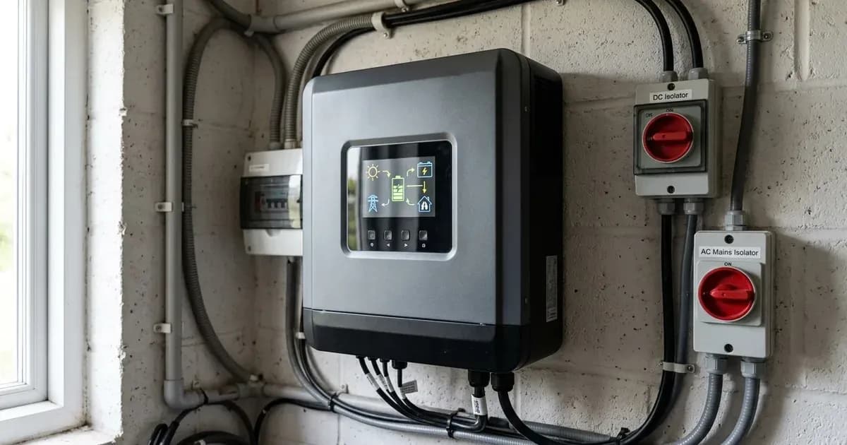 A hybrid solar inverter with digital display mounted on a utility wall beside isolator switches. — SolarNevs spec card