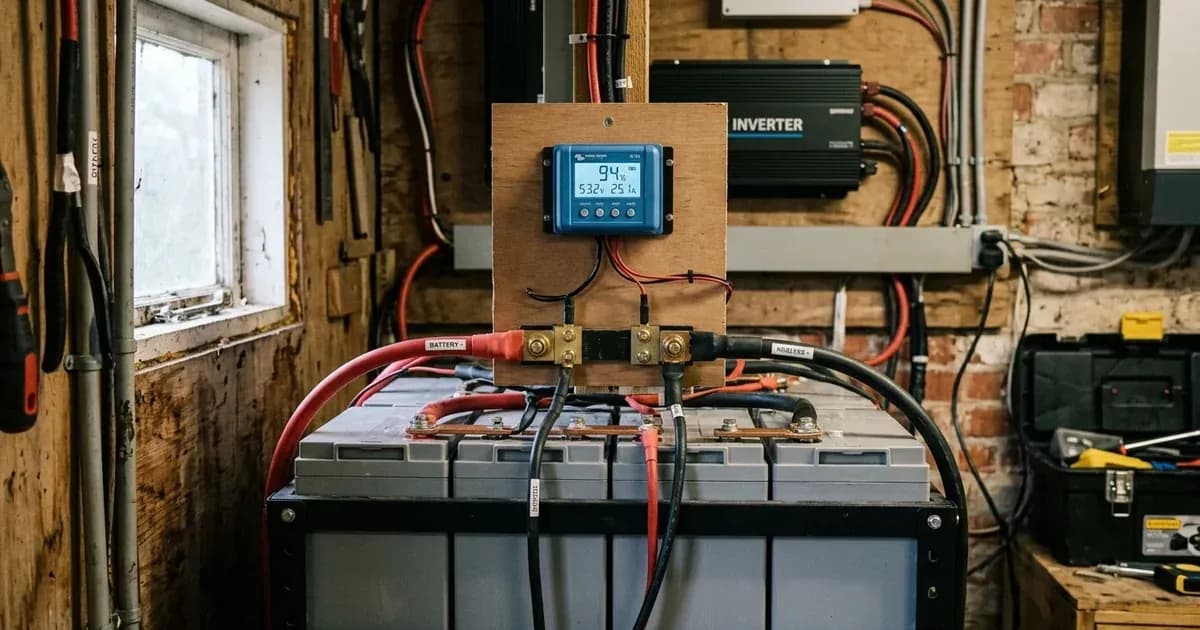 Digital battery monitor and current shunt mounted above a multi-cell battery bank in a workshop. — SolarNevs spec card