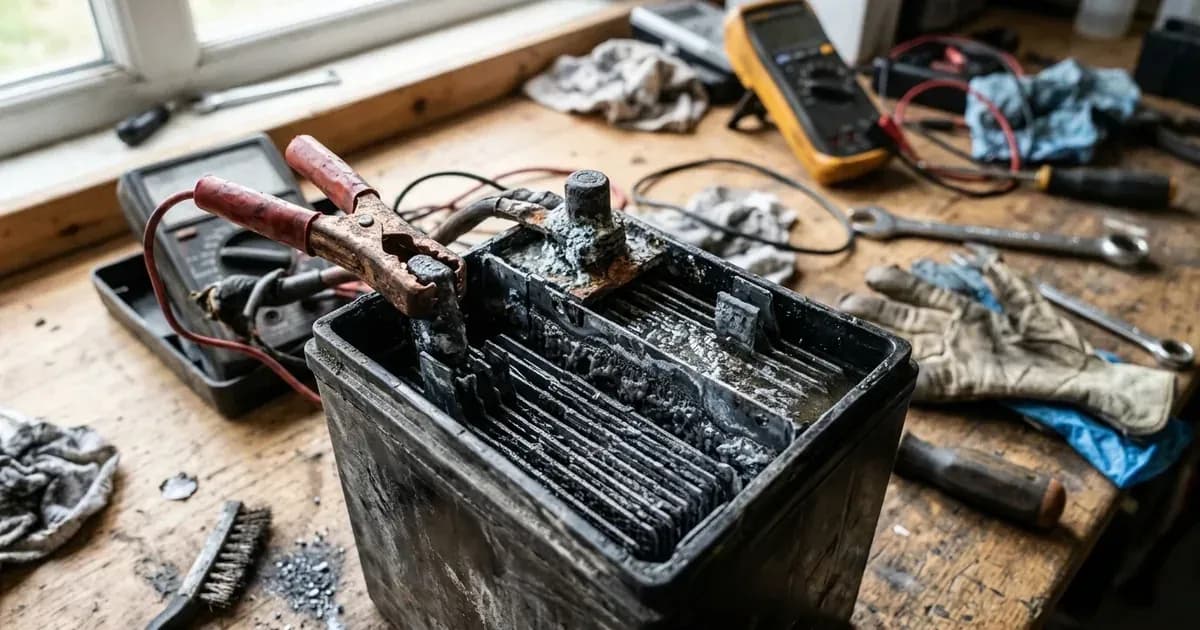 Disassembled lead-acid battery showing crystallized lead plate damage and diagnostic tools on a workbench. — SolarNevs spec card