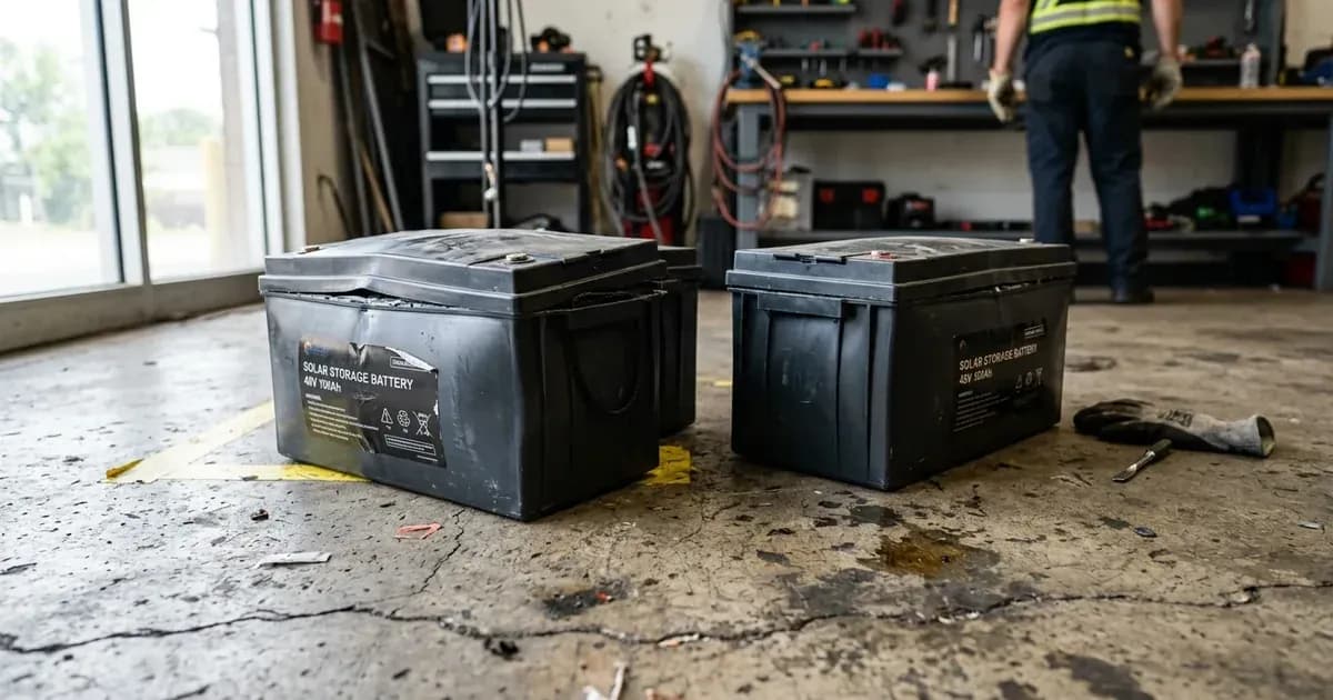 Swollen and damaged solar storage battery casings set on a concrete floor in a workshop inspection area. — SolarNevs spec card